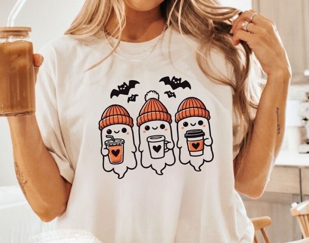Halloween Coffee Shirt Ghost Cute Crewneck Spooky Season Fall Gift